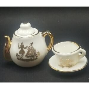 Vintage Miniature Tea Pot Gold Man & Woman Dancing White, Cup, Saucer Dollhouse